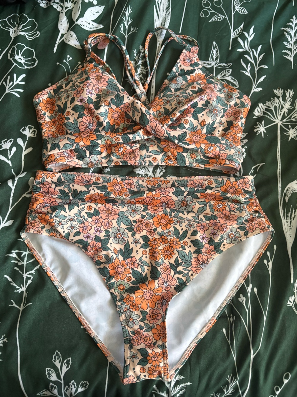 Floral High-Waist Bikini Bottoms - Peach & Green Floral